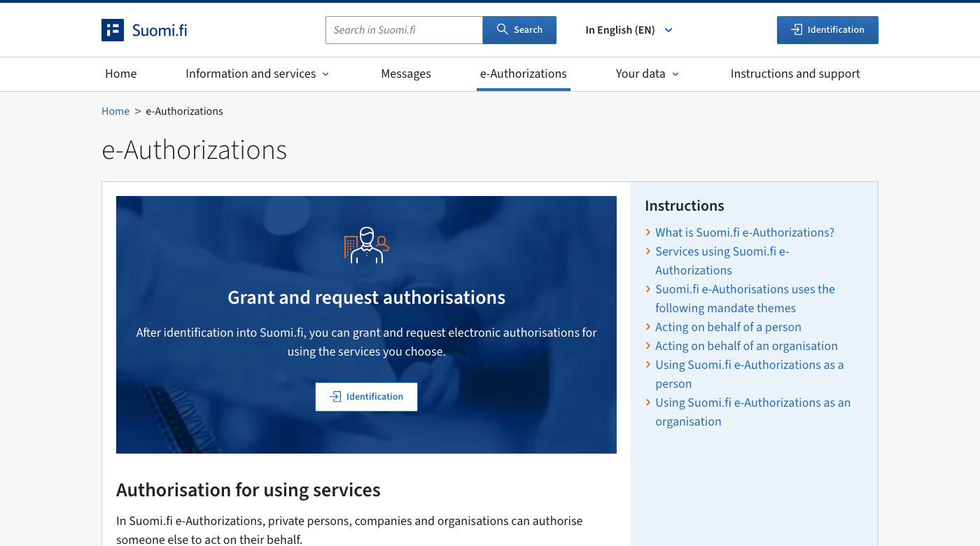 The Suomi.fi e-Authorizations page in English, with the Identification button at the top right and in the middle of the page