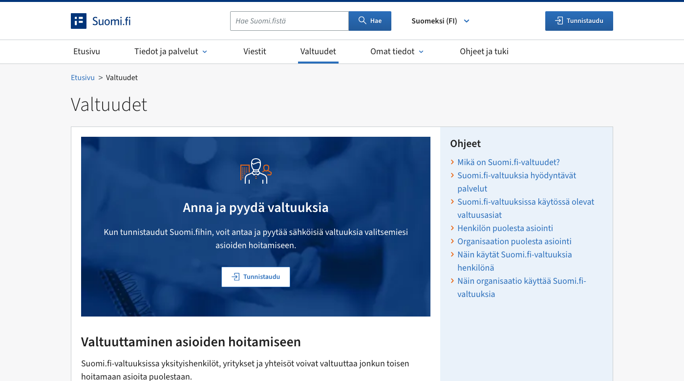 Suomi.fi-valtuuksien etusivu suomeksi, Tunnistaudu-painike oikeassa yläkulmassa ja keskellä sivua